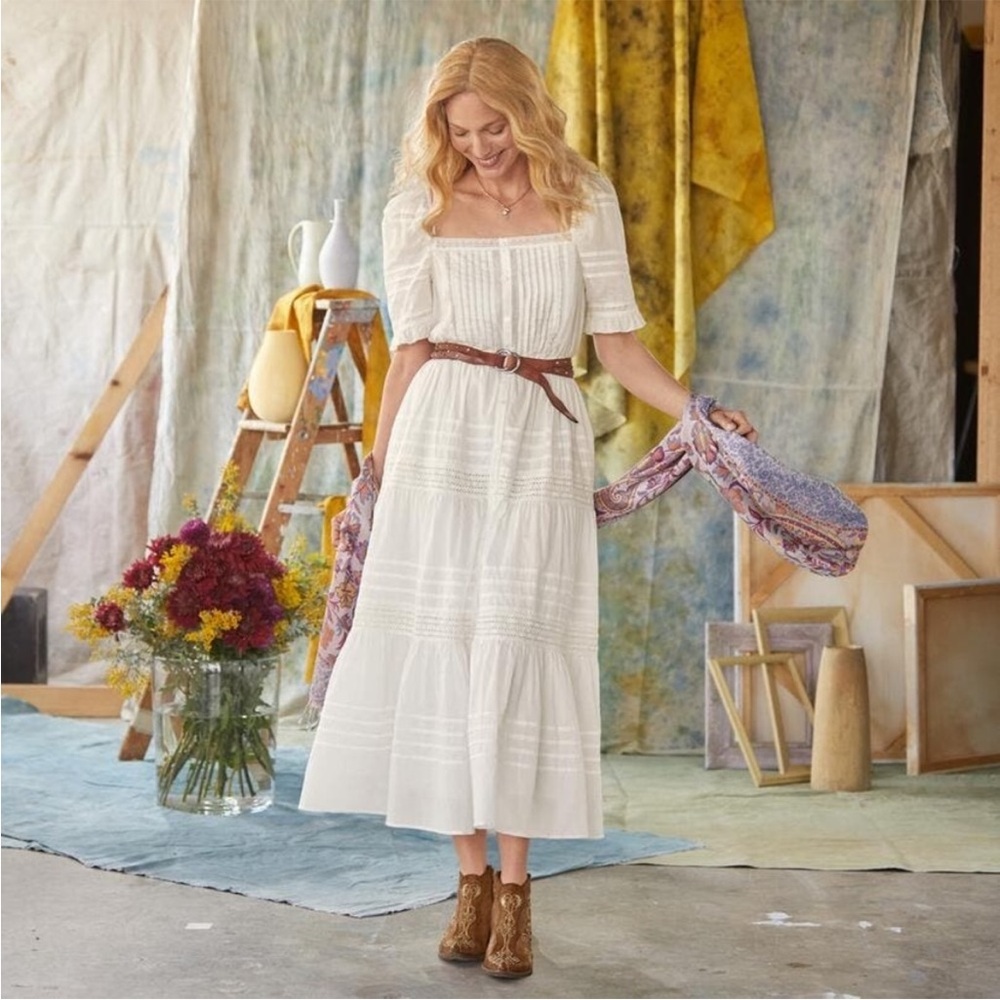 Sundance Mirabelle Cottagecore White Lace Tiered Midi LP